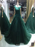 A Line Scoop Appliques Backless Emerald Green Tulle Prom Dress LBQ4276